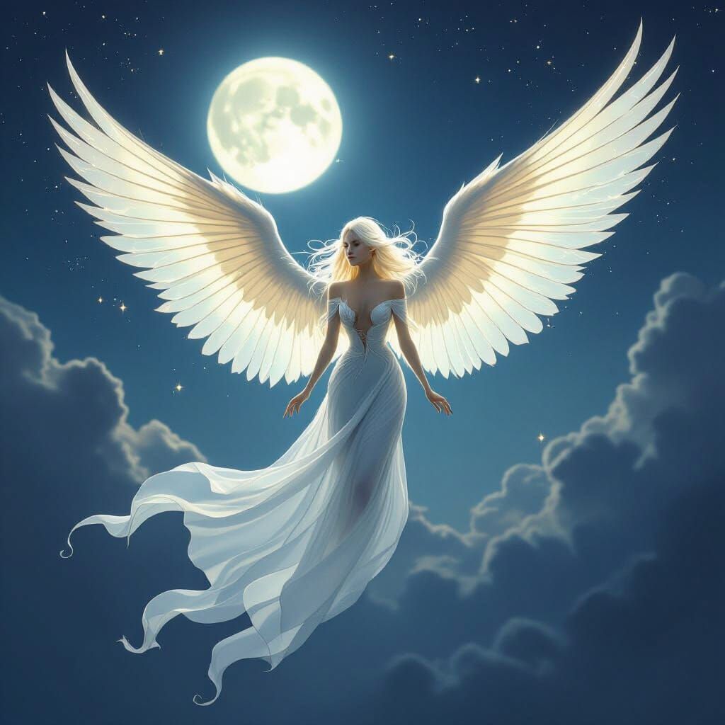 Ethereal Blonde Creature Soars Through Twilight Sky