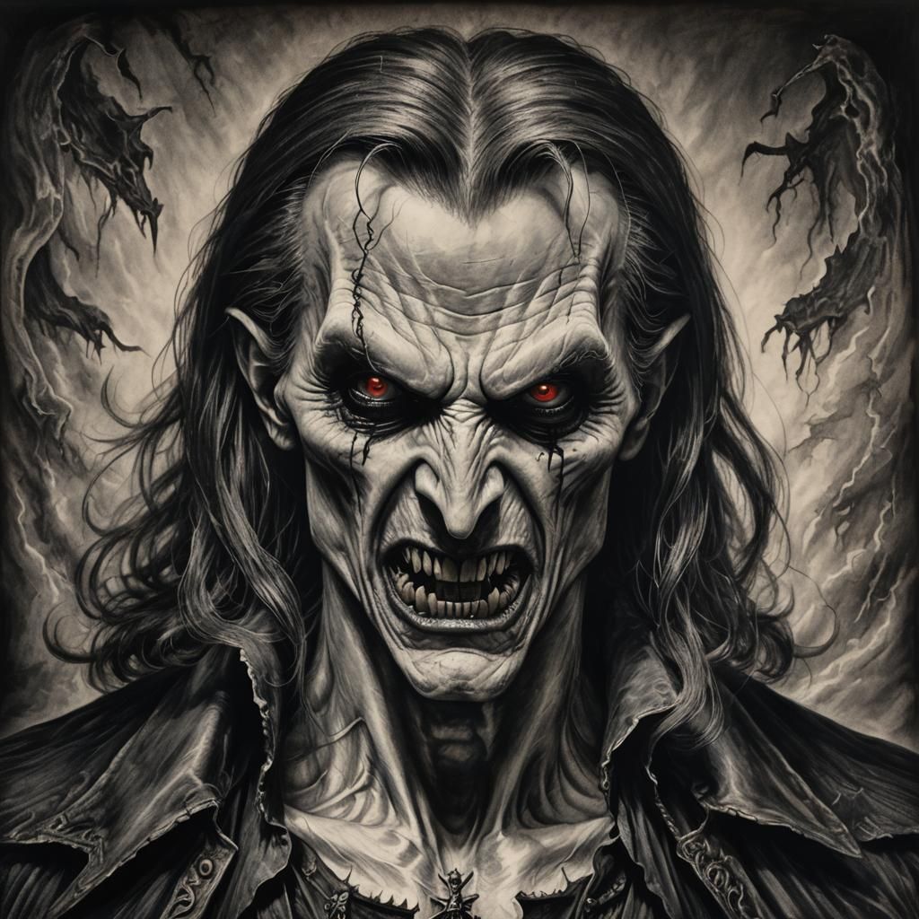 Eerie Vampire in Detailed Charcoal Drawing