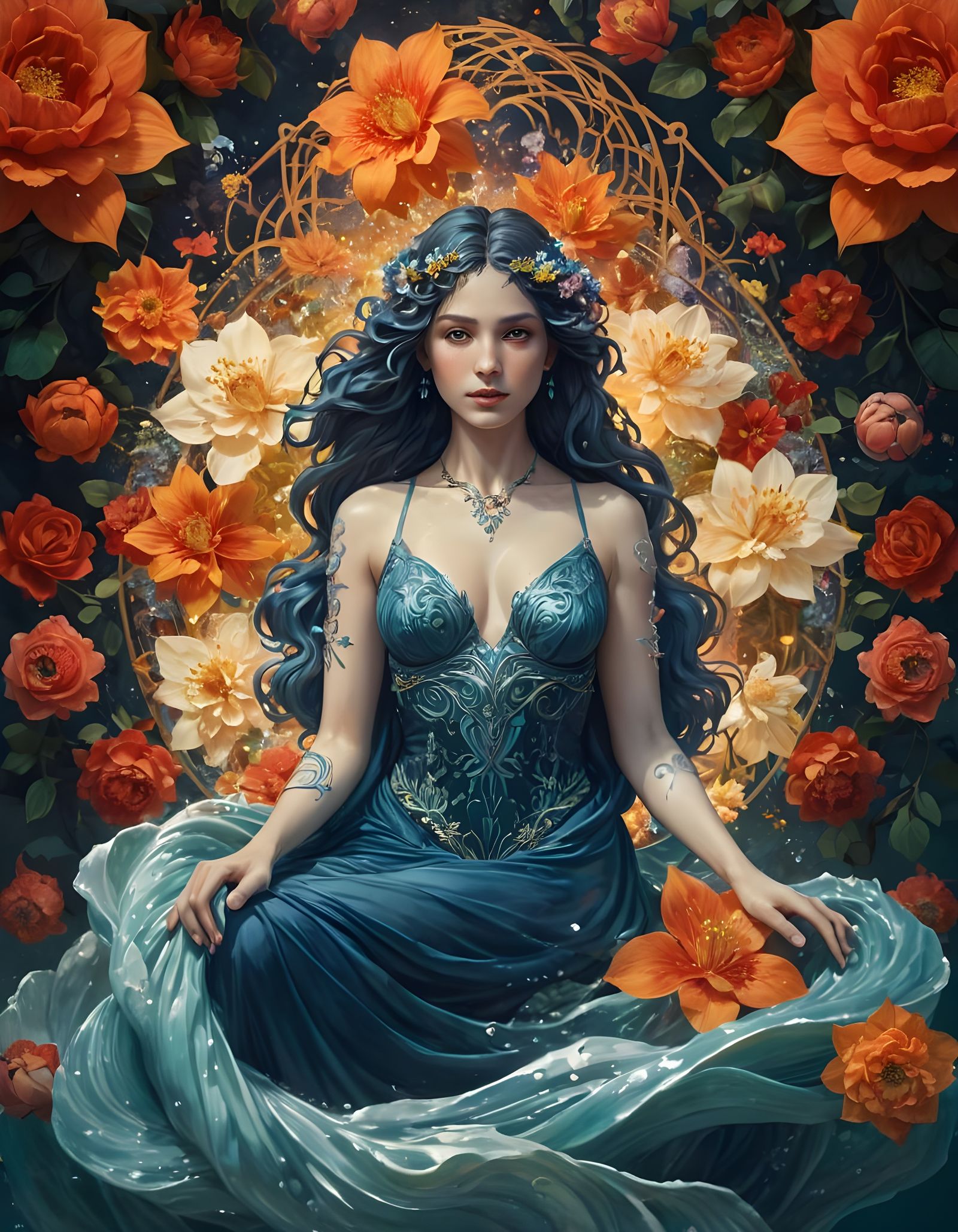 Water Goddess Portrait in Art Nouveau Style