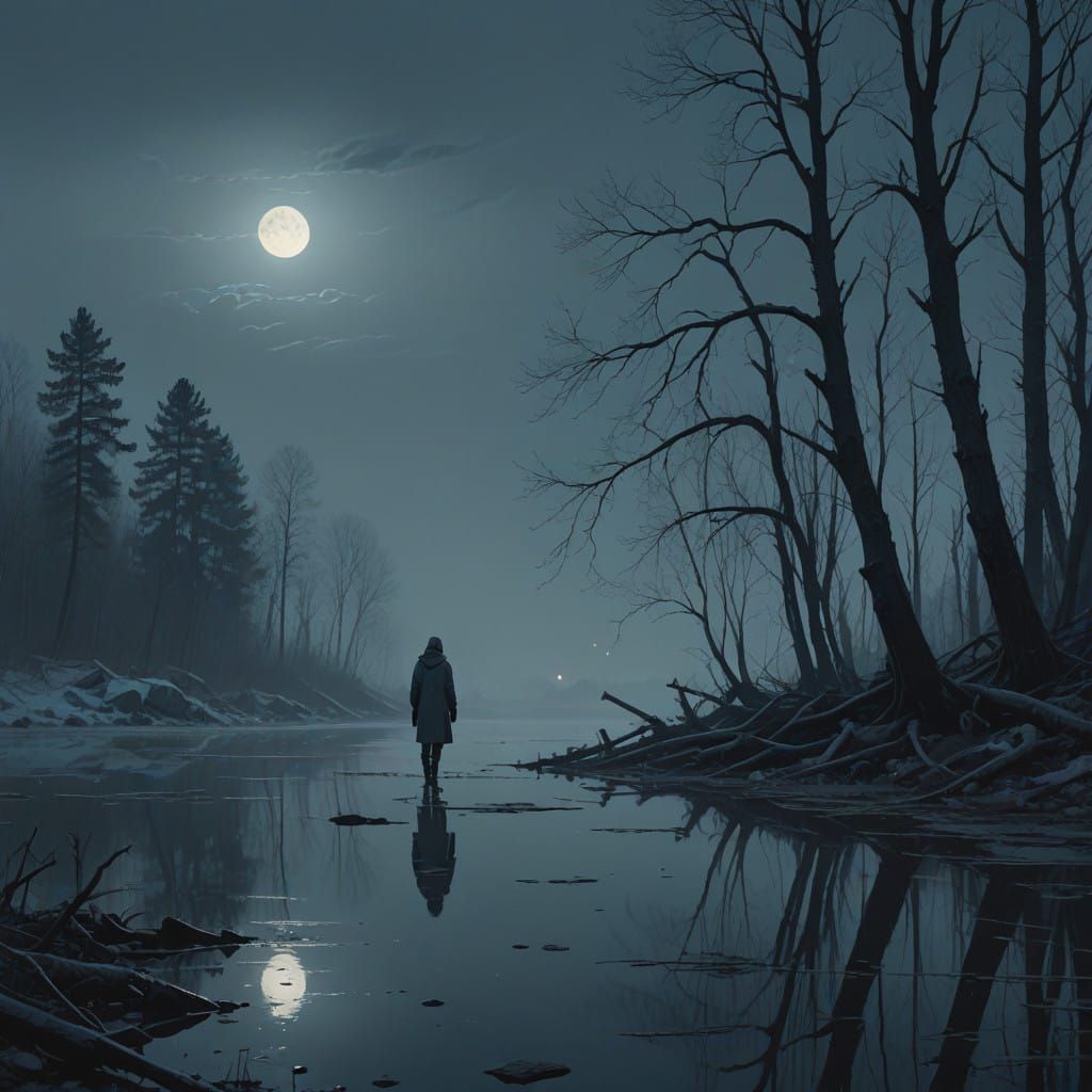 Mourning Figure in Moonlit Landscape