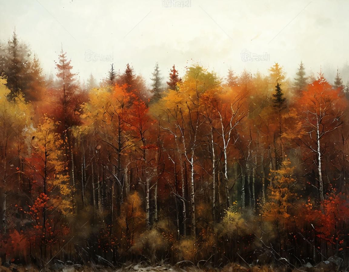 Autumn Forest in First Snowfall: Oil Painting