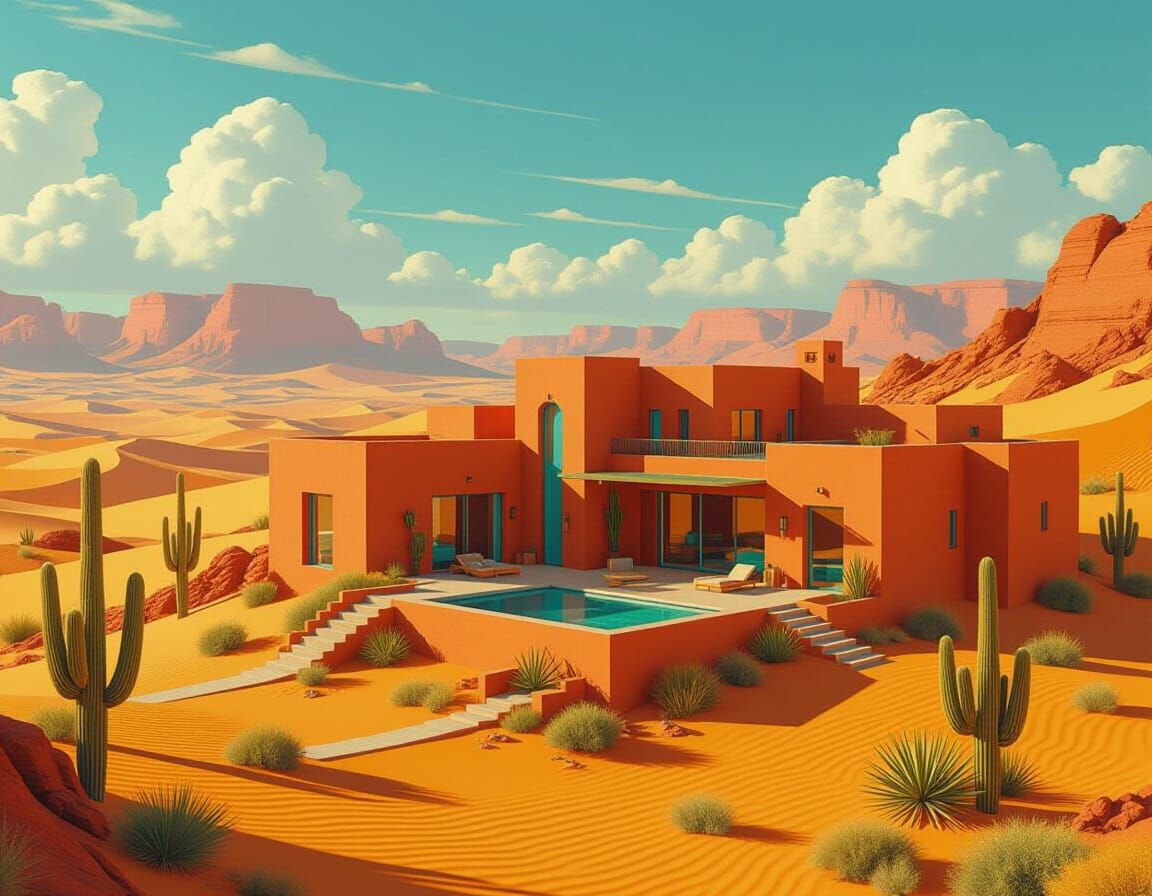 Desert House with Turquoise Accents in Sci-Fi Style