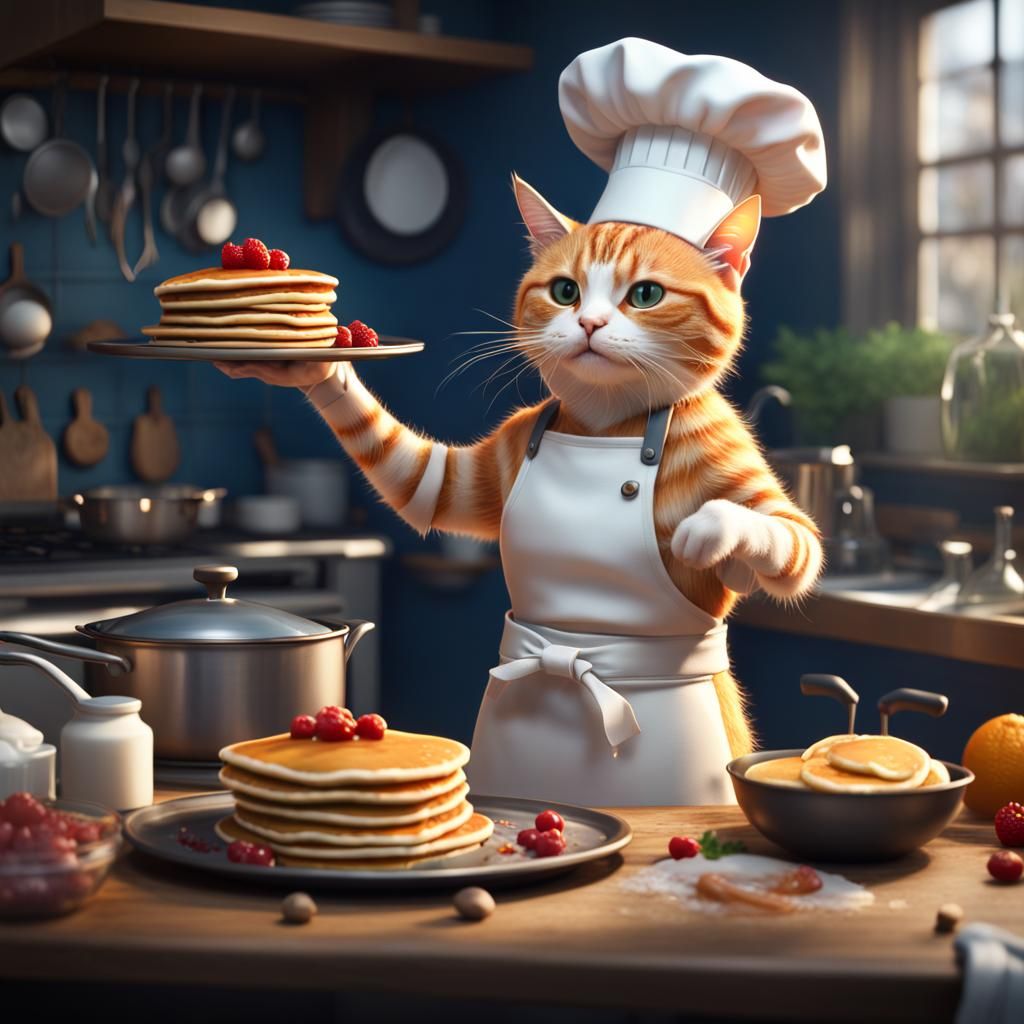 Pancake Chef Cat: Detailed Digital Matte Painting