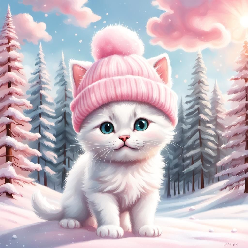 Surreal Winter Wonderland of a Happy White Kitten