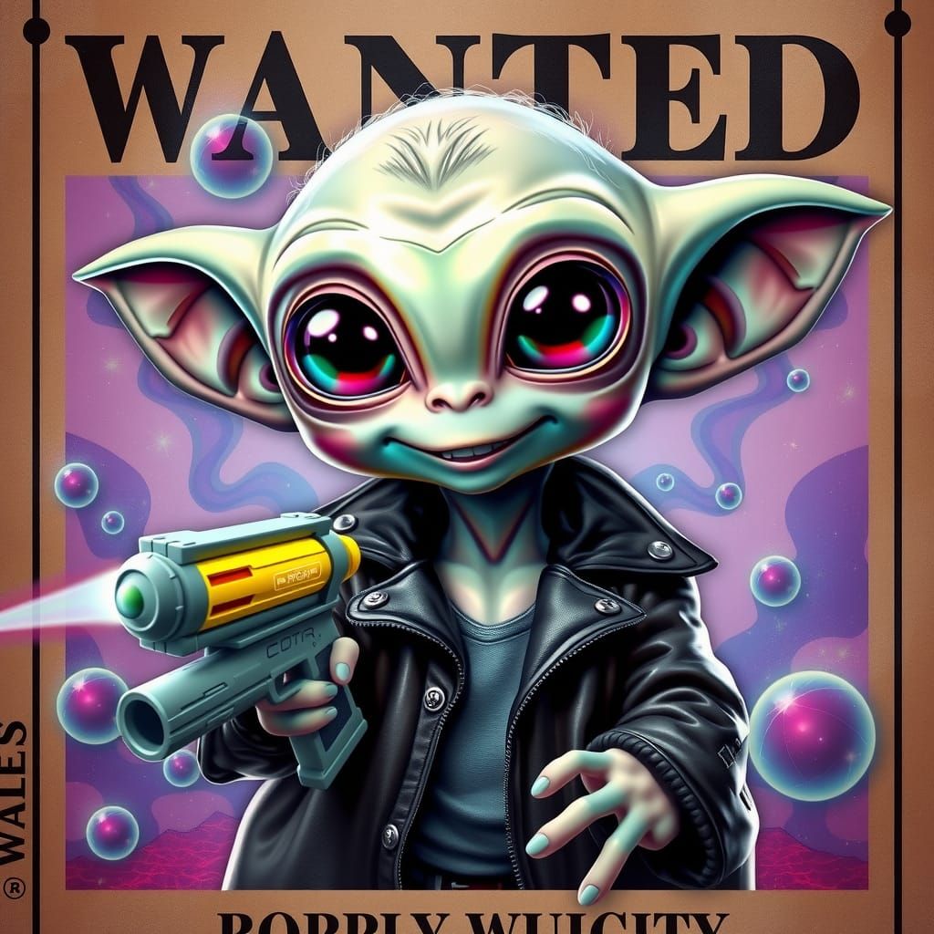 Baby Alien Wanted Poster in Mixed Media Style