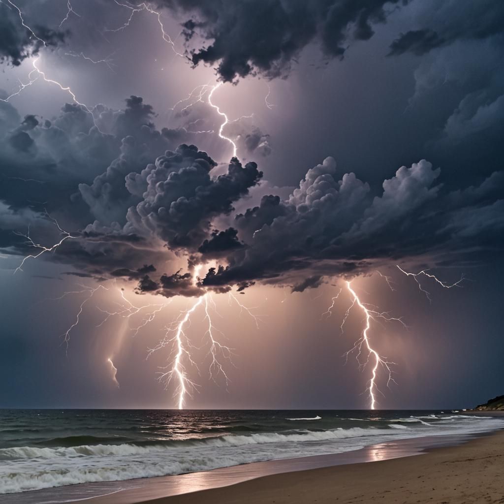 Stormy Beach at Night with Lightning