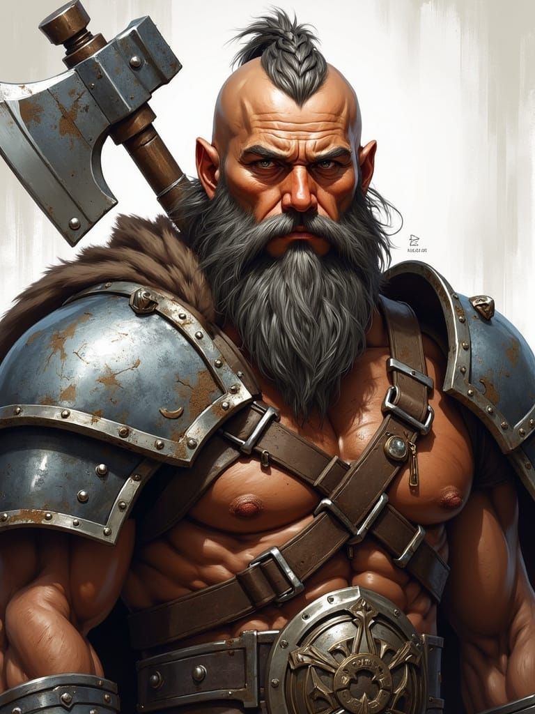 Dwarf Warrior Portrait with Axe in Detailed Painting Style