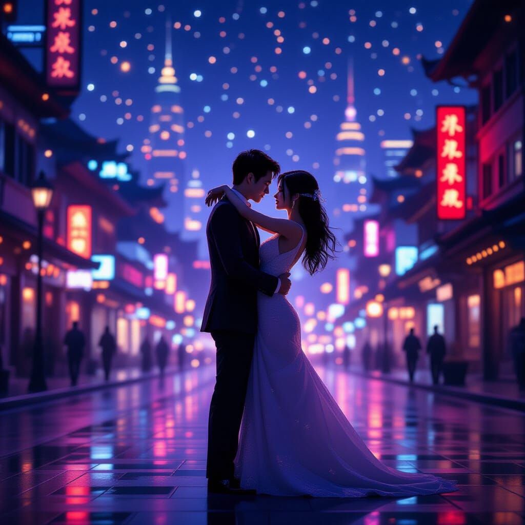Magical Couple Embrace in Glowing Cityscape