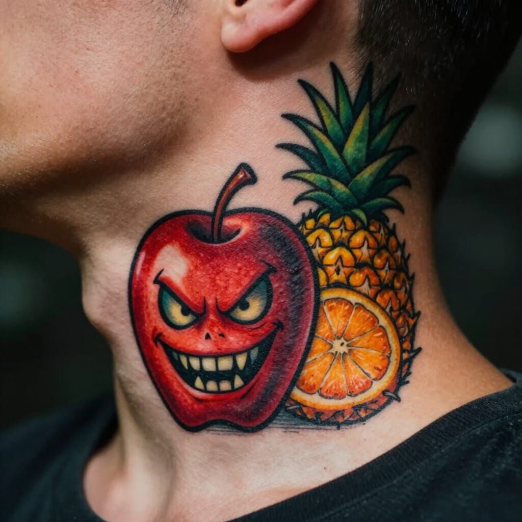 Edgy Fruit Tattoo Design: Evil Apple, Orange, Pineapple