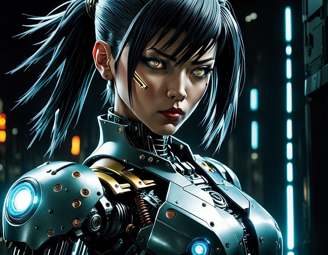 Cyberpunk Cyborg Bounty Hunter in Neon Cityscape