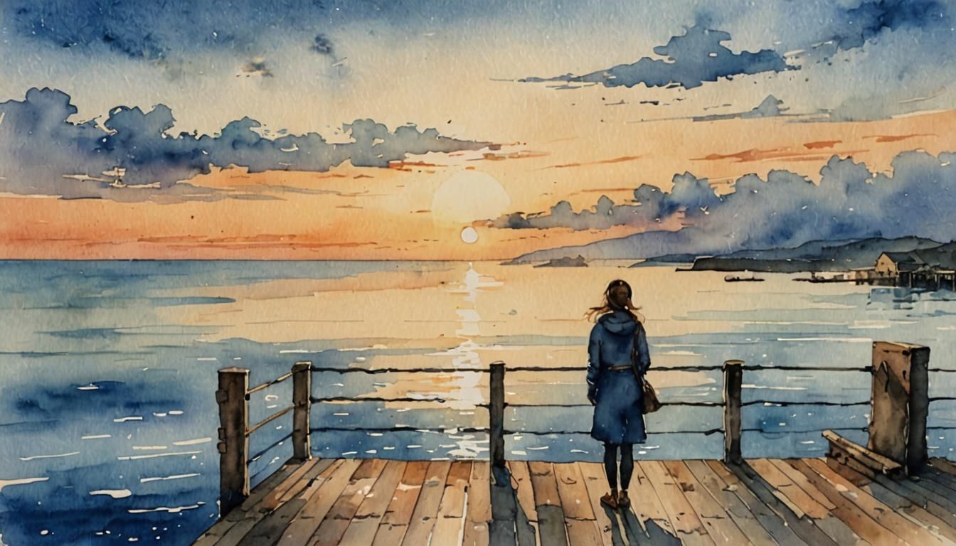 A girl on the pier watching the sea and the sun