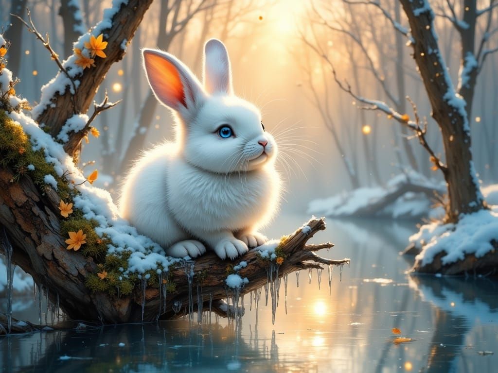 Fluffy White Bunny with Blue Eyes on Snowy Branch