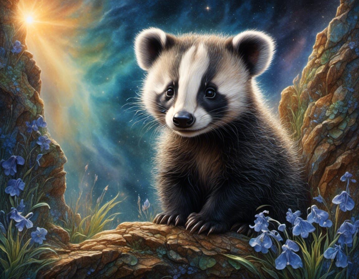Adorable Badger Cub with Bluebells in Watercolor Style