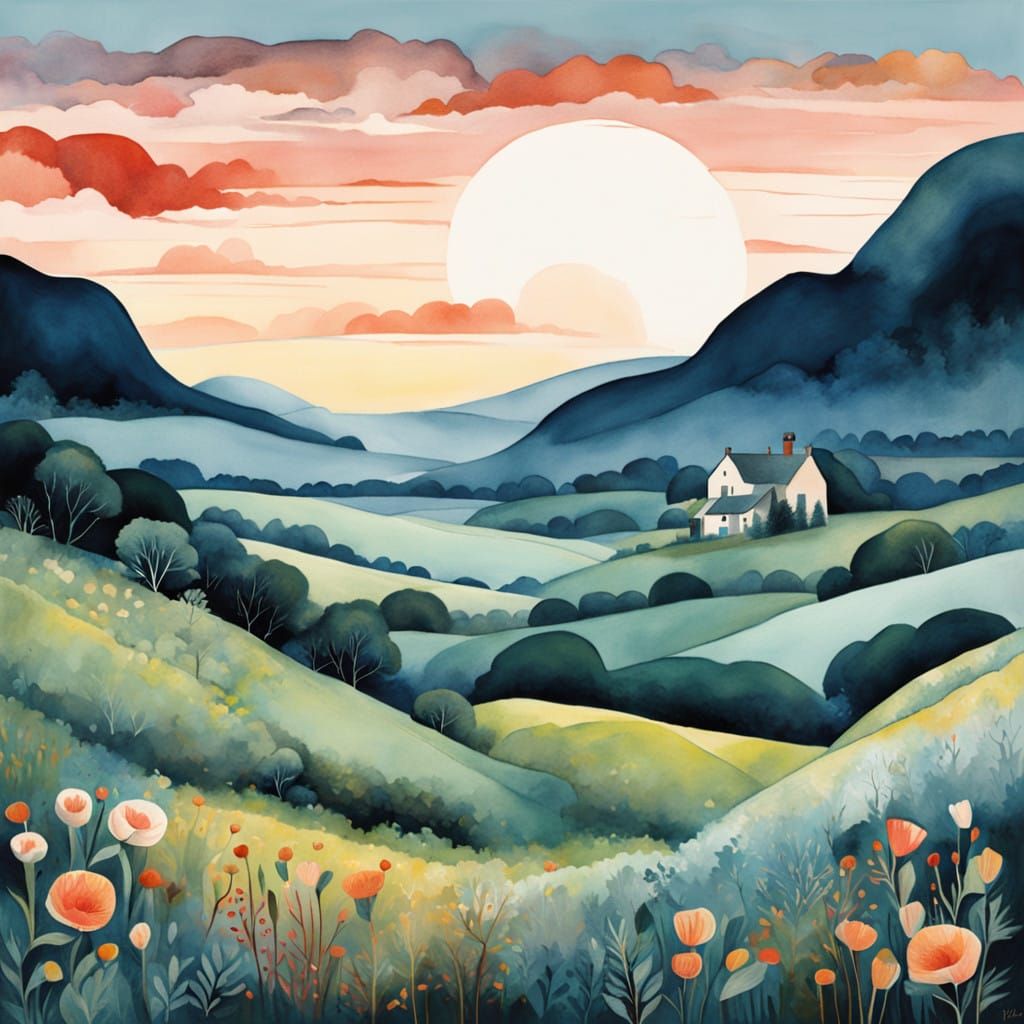 Whimsical Wet Watercolor Dawn on a Rolling Hillside in Dream...