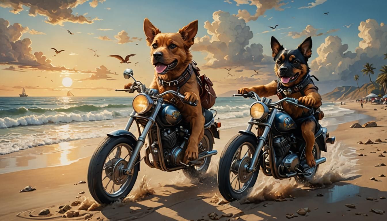 Dogs Ride Motorcycle in Fresco Style