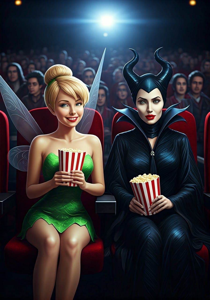 Tinkerbell and Maleficent Enjoy a Movie Night in a Dimly Lit...