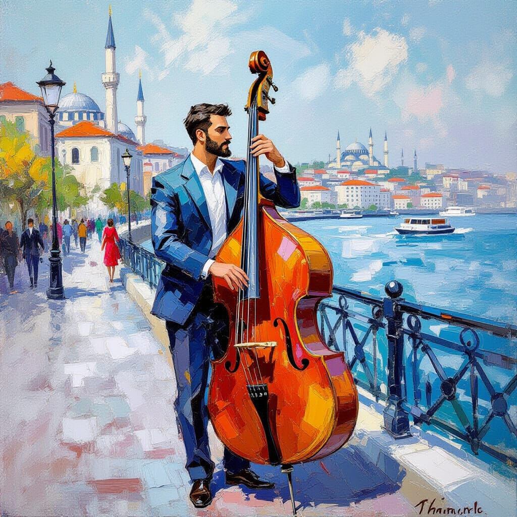 Turkish Man Plays Bass by Bosphorus at Sunset
