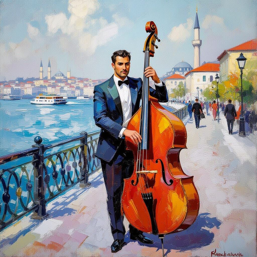 Musician with Bass at Bosphorus Sunset