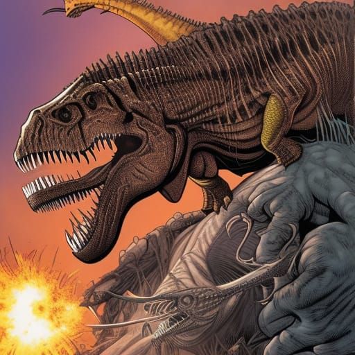 Tyrannosaurus Rex vs Raptors Comic Book Art
