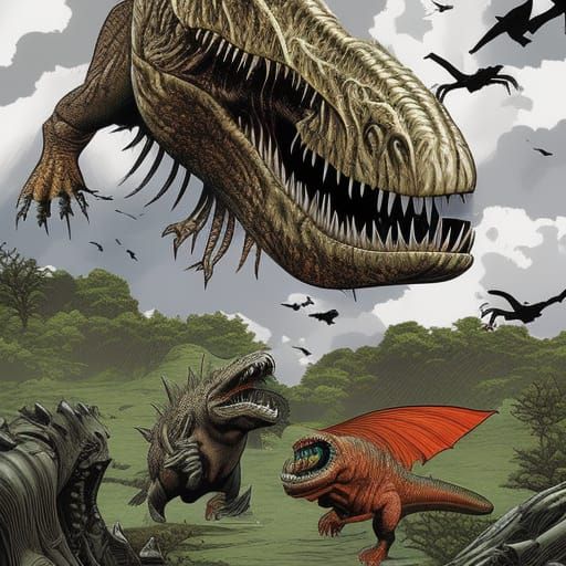 Tyrannosaurus Rex vs Raptors in Comic Book Art