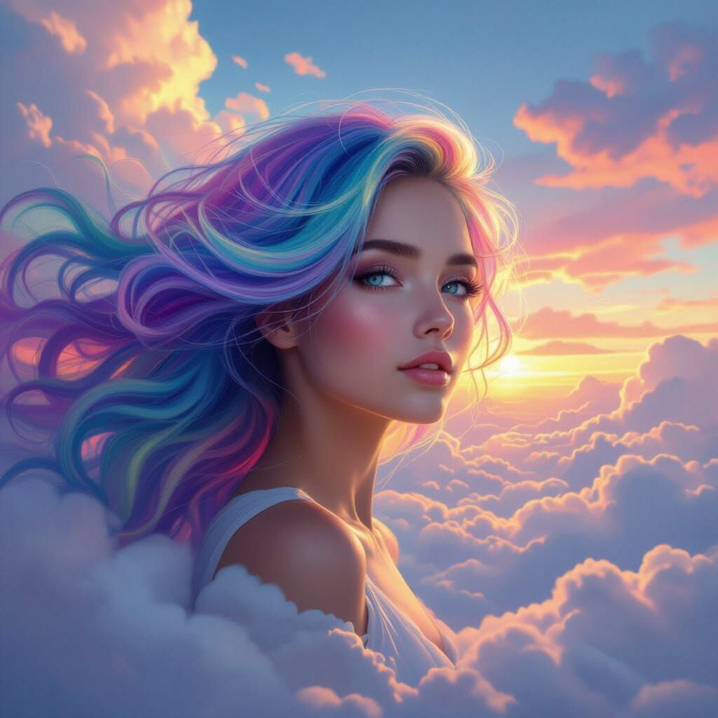 Woman Dissolving into Rainbow Clouds in Dreamlike Landscape