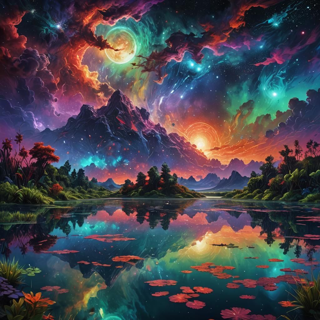 Cosmic Lake Reflects Night Silence: Holographic Illustration