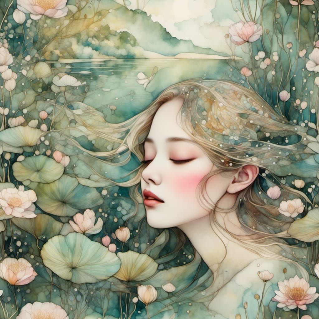 Stained Glass Lake Scene with Water Reflections