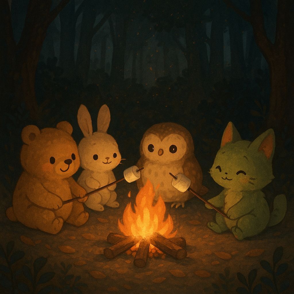 Whimsical Forest Creatures Toasting Marshmallows