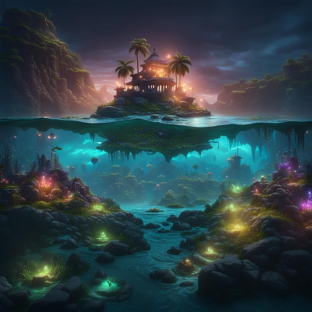 Underwater Island with Glowing Lights, Fantasy Concept Art