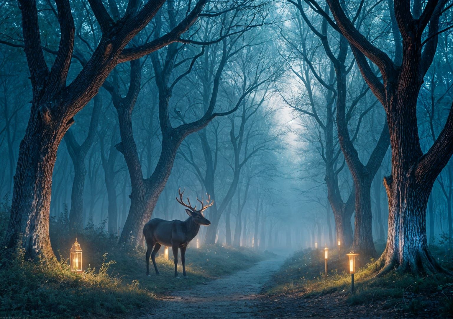 Bioluminescent Forest at Twilight: Stag with Glowing Antlers