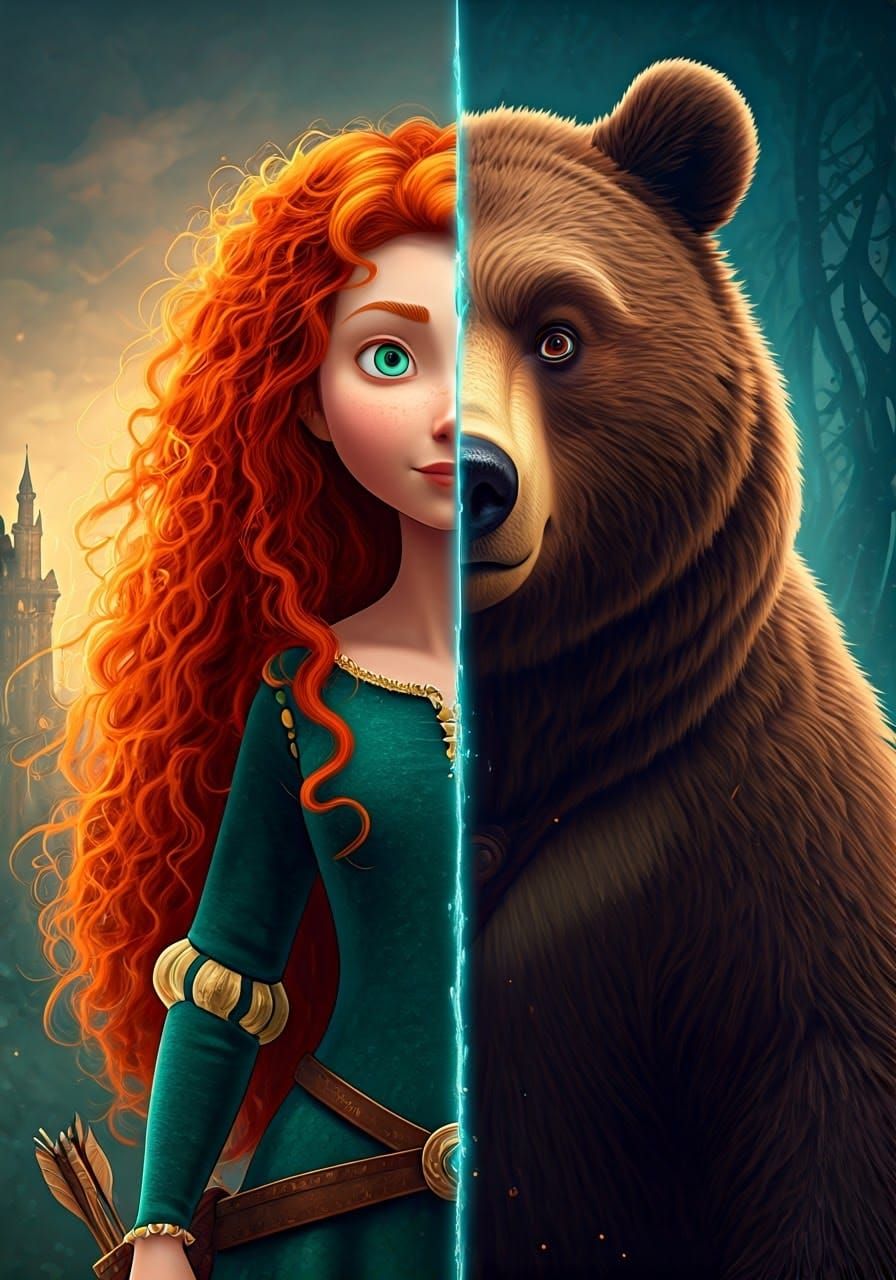 Merida Duality: Princess and Bear in Pixar Style