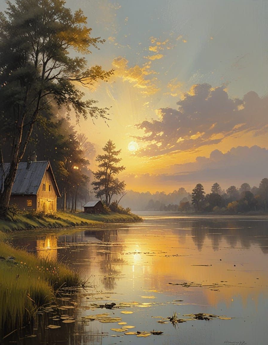 Idyllic Sunrise Landscape Painting with Foggy Meadows