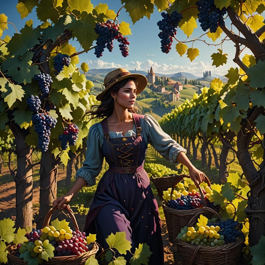 Woman Harvesting Grapes in Detailed Fantasy Art
