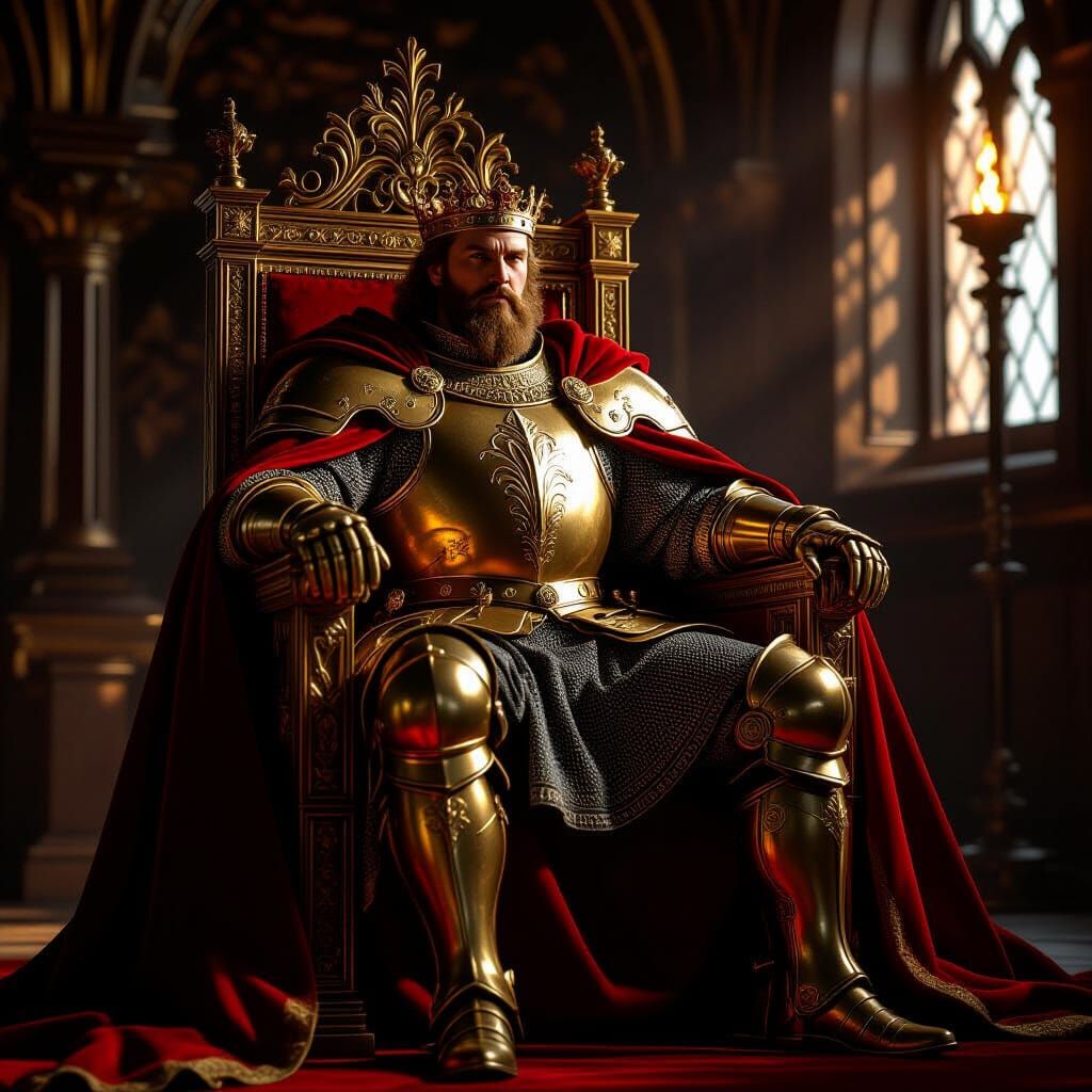 Majestic King in Golden Armor on Throne