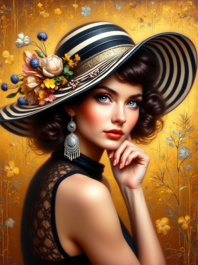 Vibrant Portrait of a Woman in a Wide-Brimmed Hat in Oil Pai...