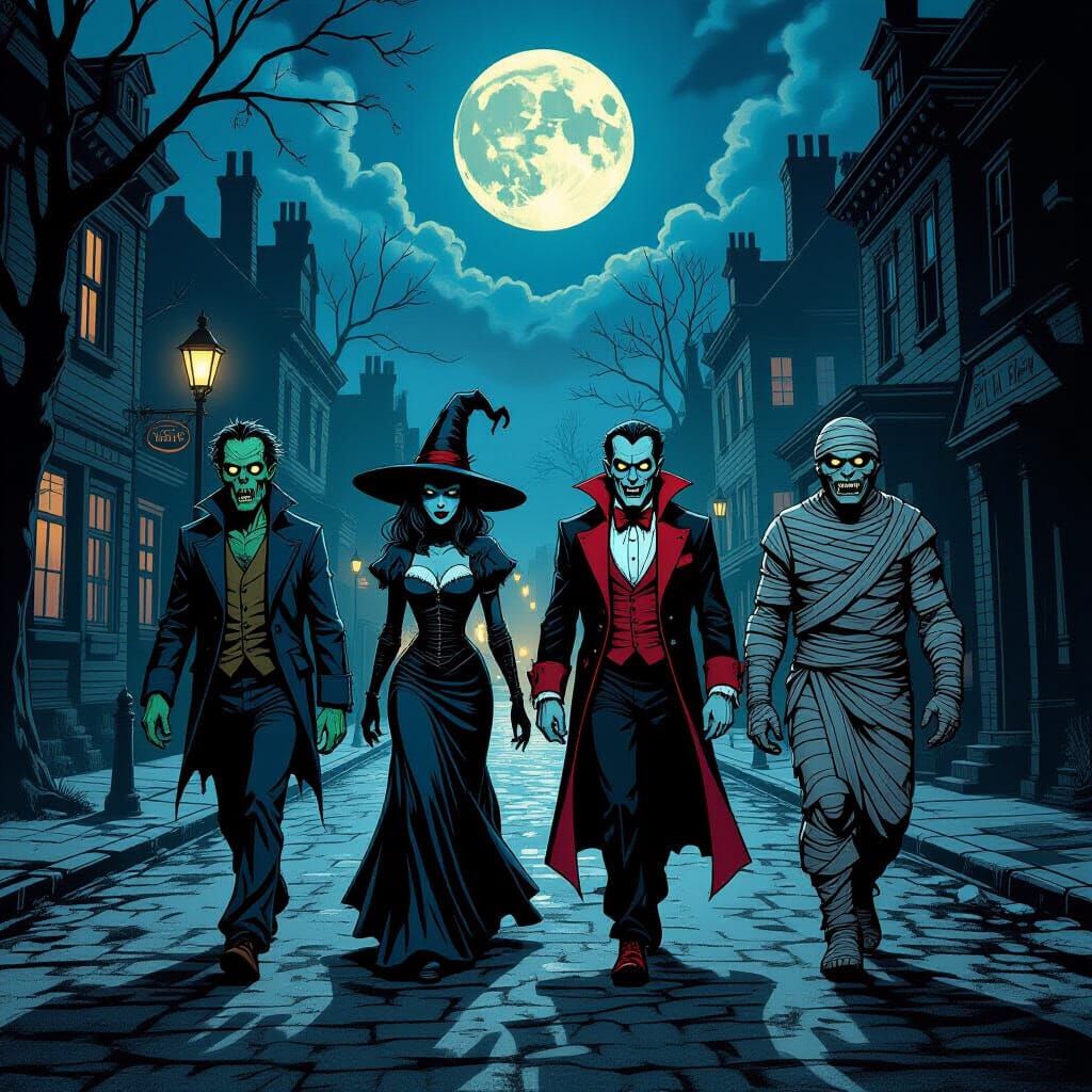Halloween Monsters on a Spooky Street, Comic Book Style