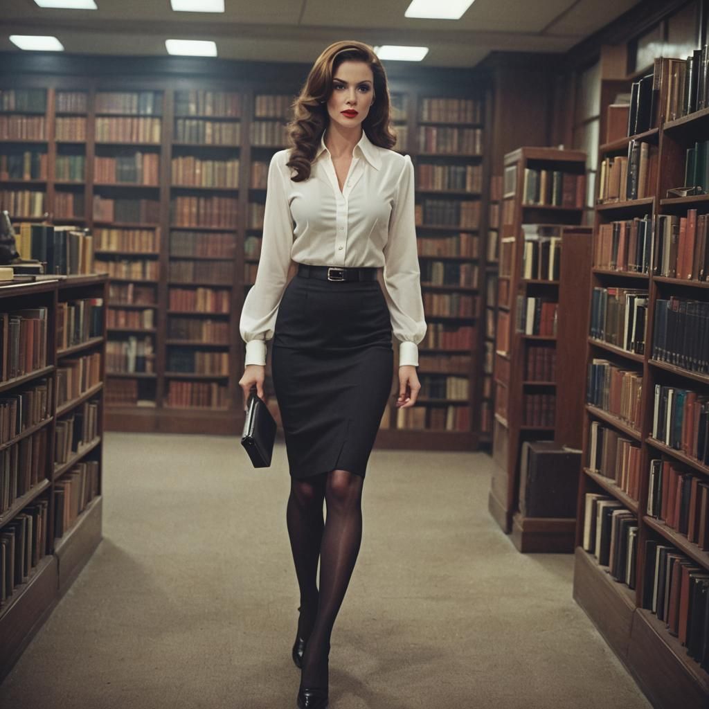 Femme Fatale in Library: Cinematic Film Still
