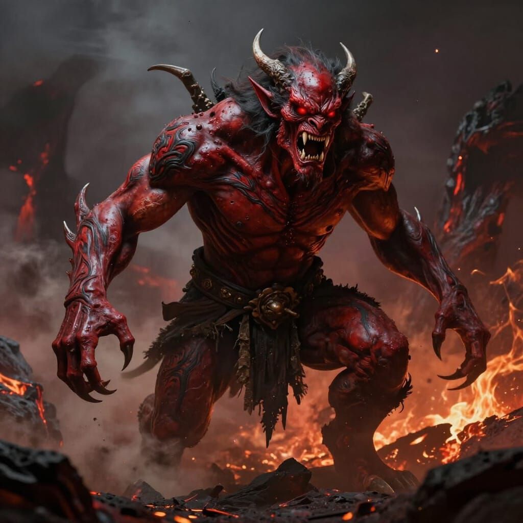 Fierce Demon Oni in Fiery Landscape
