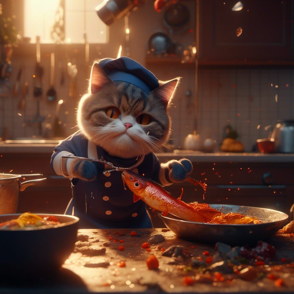 Cat Chef Flambéing Fish: Detailed Fantasy Art