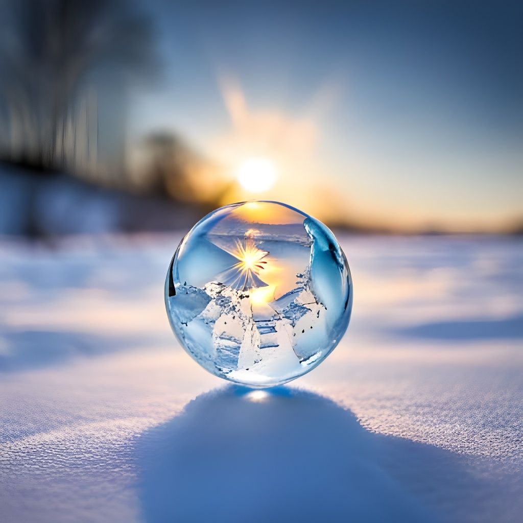 Partly Frozen Flying Bubble with Ice Crystals