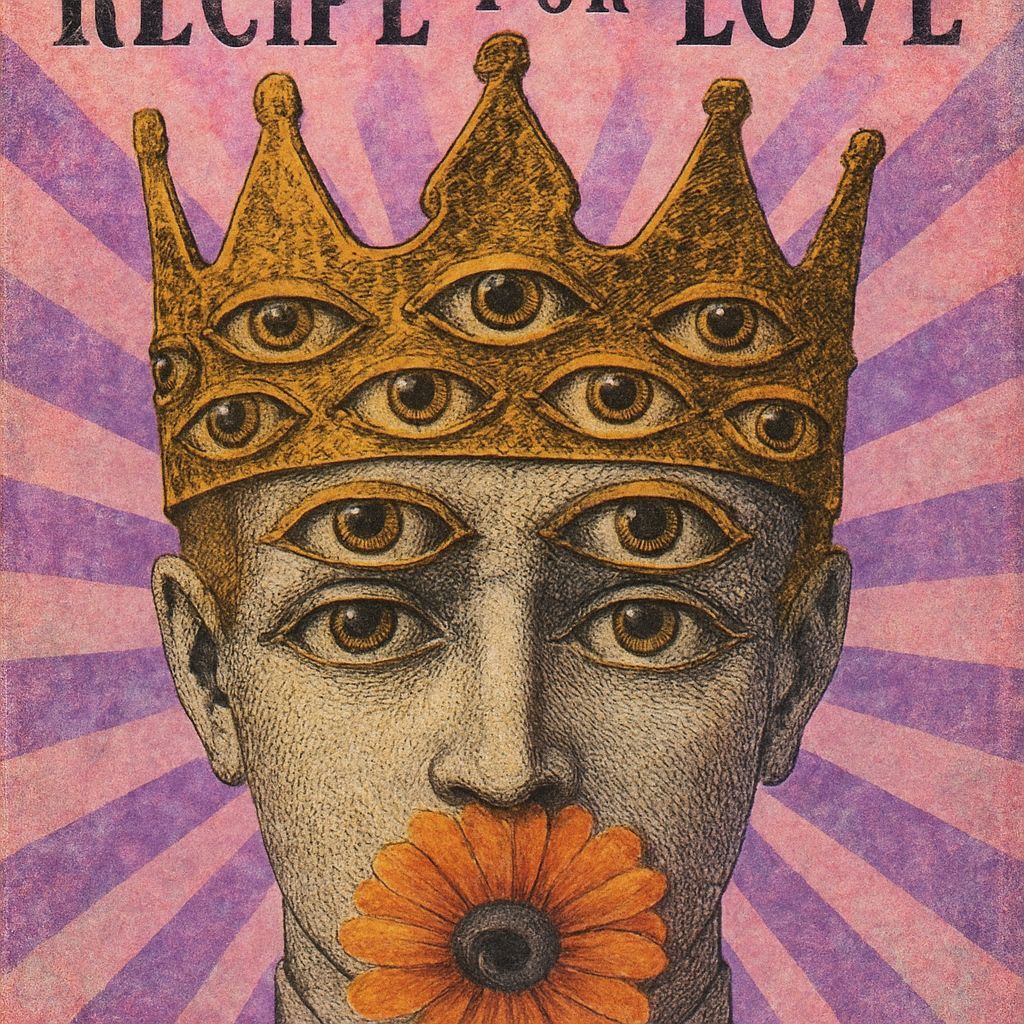 Encaustic Art Face with Many Eyes and Golden Crown