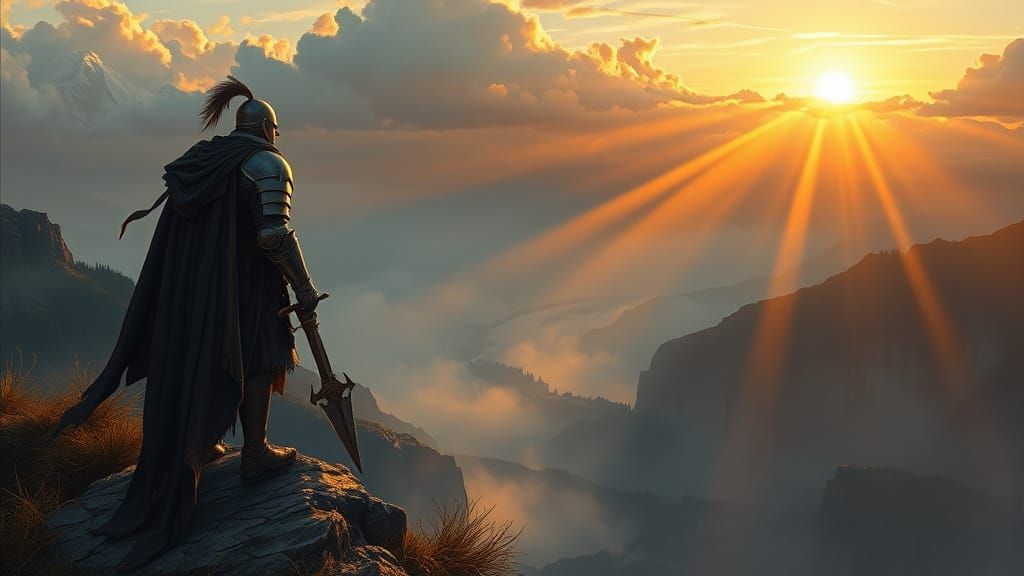 Knight on Cliff Overlooking Misty Valley at Sunset