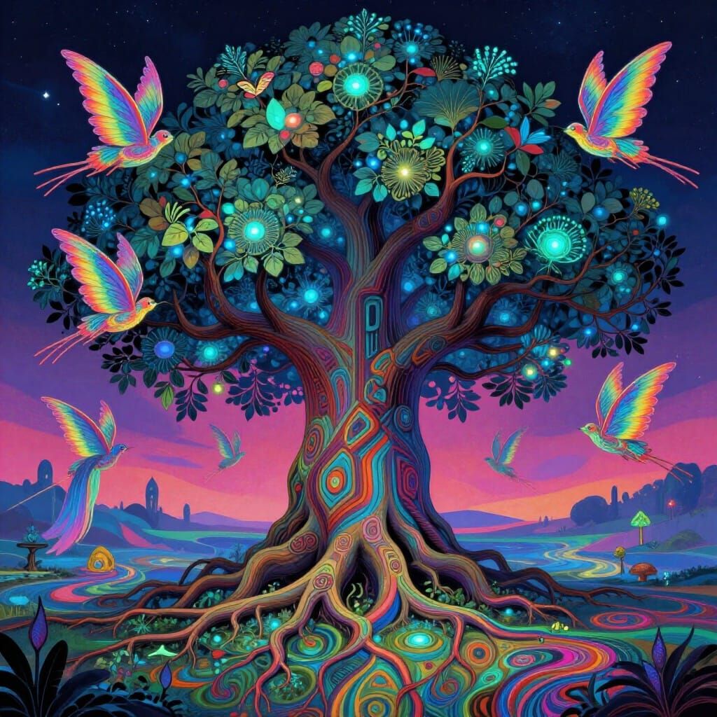 Ancient Bioluminescent Tree with Ethereal Creatures