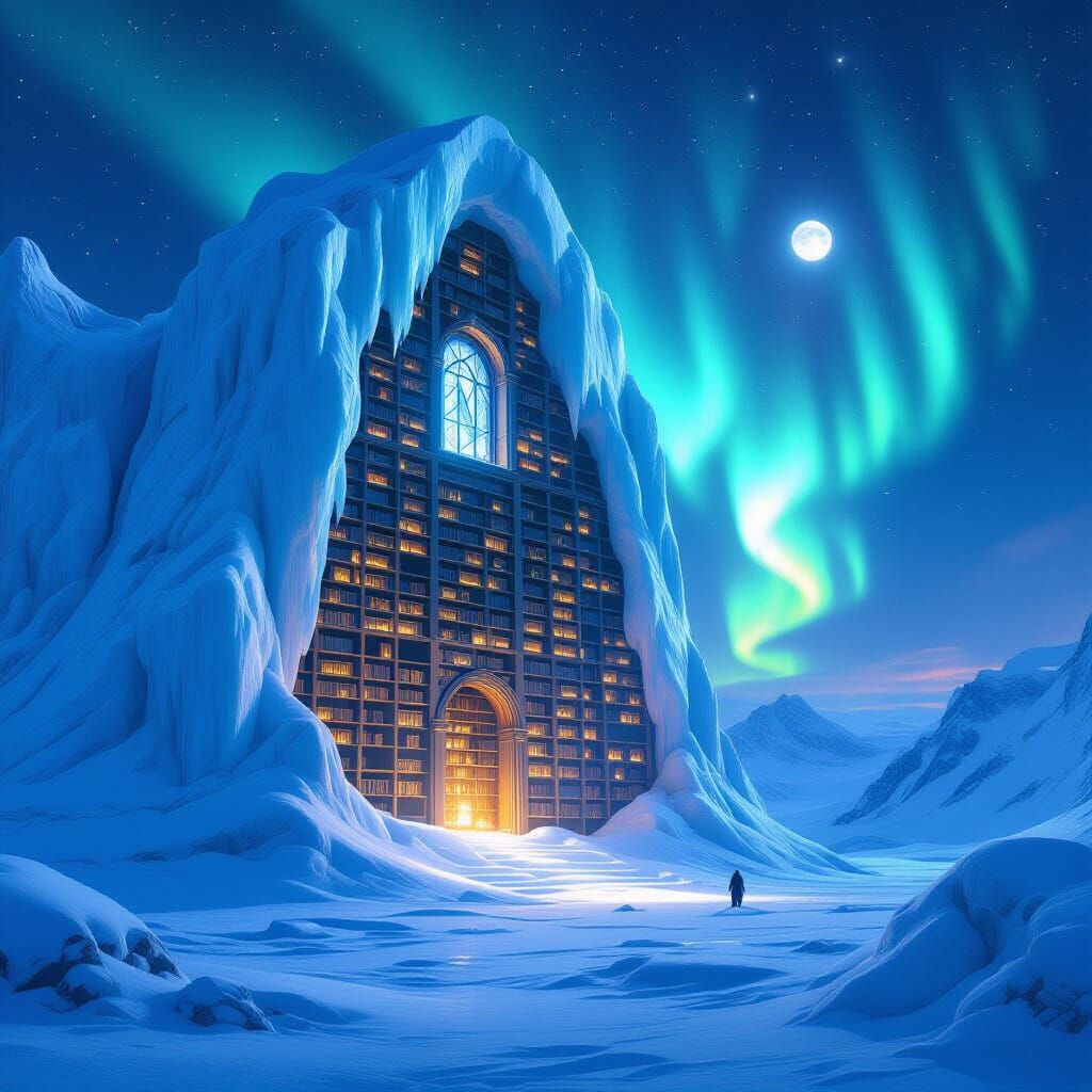 Ancient Iceberg Library with Ethereal Books and Aurora