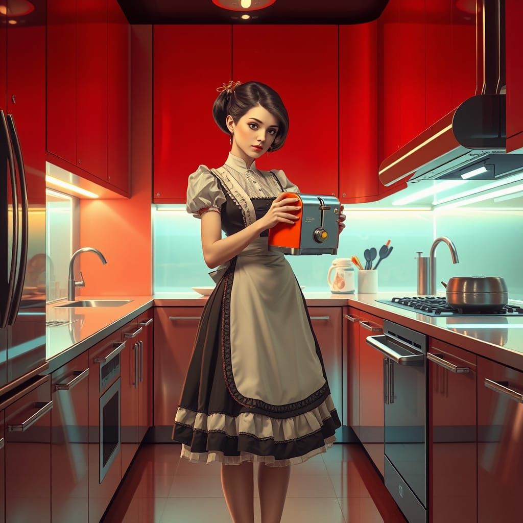 Victorian Woman Surrounded by Retro-Futuristic Kitchen Appli...