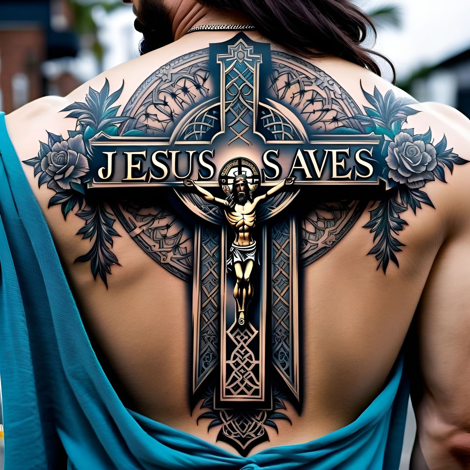 "Jesus Saves' Tattoo for the Back