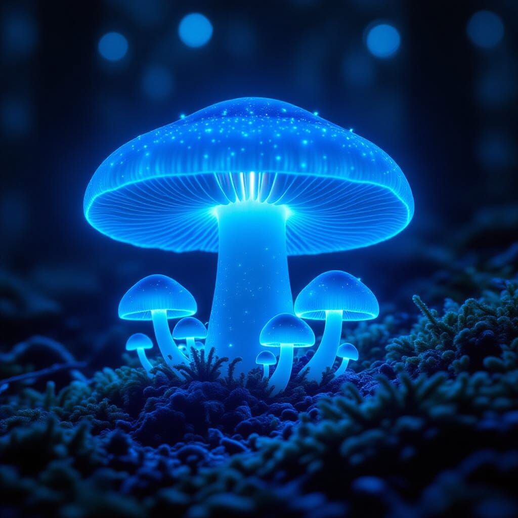 Bioluminescent Mushroom in Forest, Photorealistic Rendering