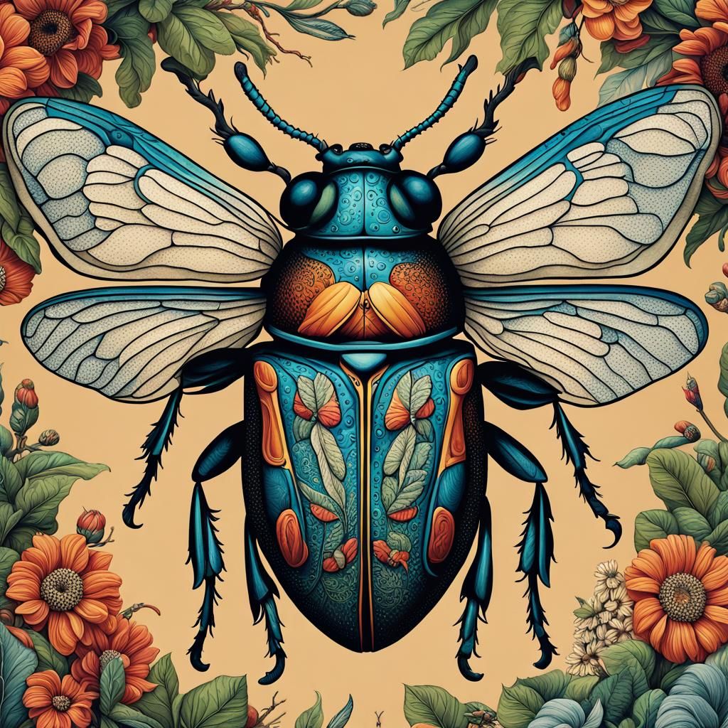 Detailed Folk Art Cat with Insect Illustration