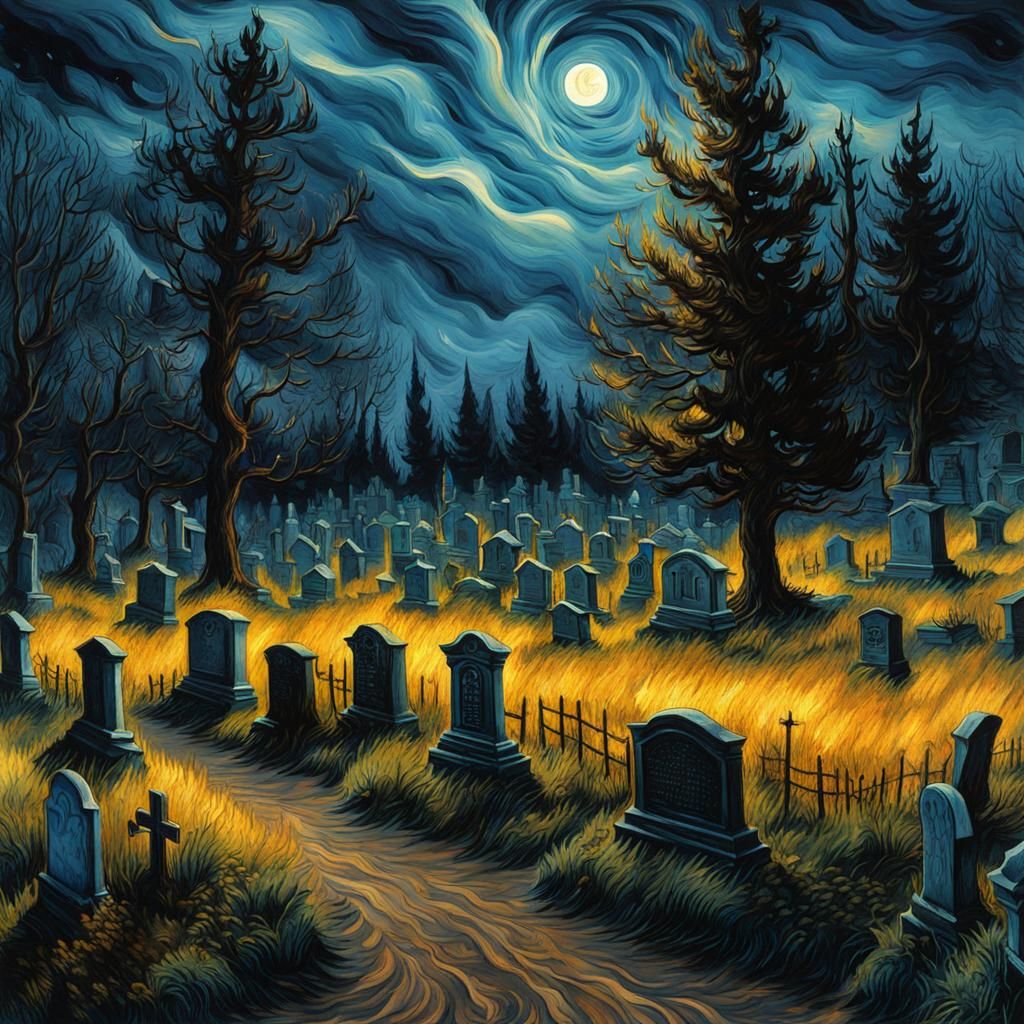 Eerie Cemetery Forest in Van Gogh Watercolor Style