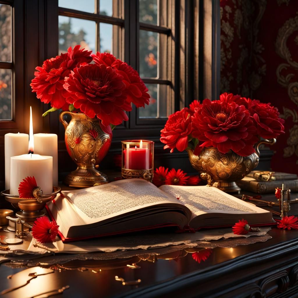 Maximalist Still Life with Golden Carvings, Photorealistic